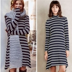Anthropologie Maeve Navy Blue & White Striped Turtleneck Jersey Swing Dress
